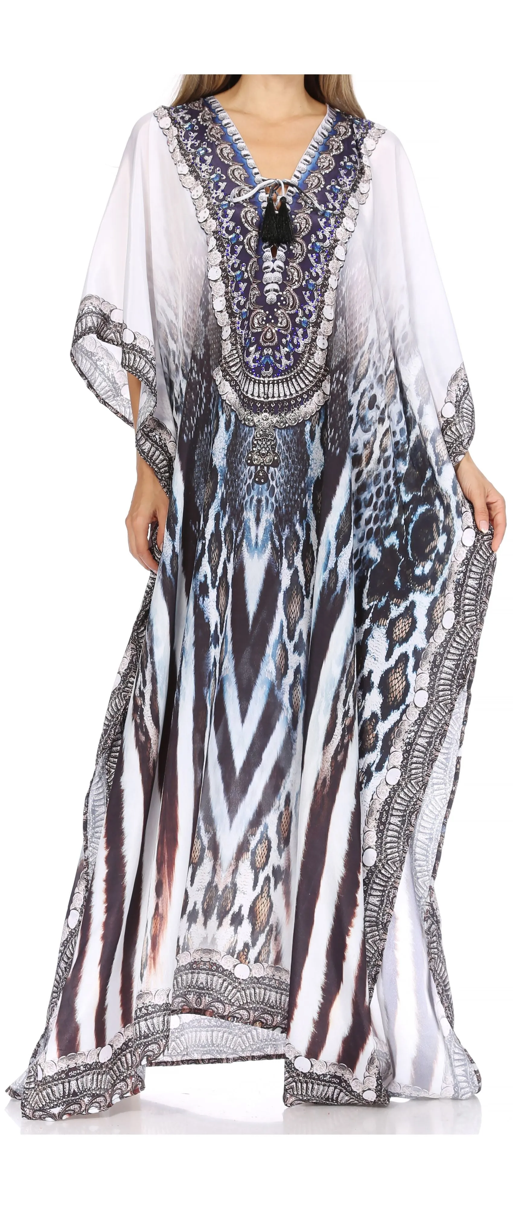 Sakkas Georgettina Flowy Rhinestone V Neck Long Caftan Dress/Cover Up