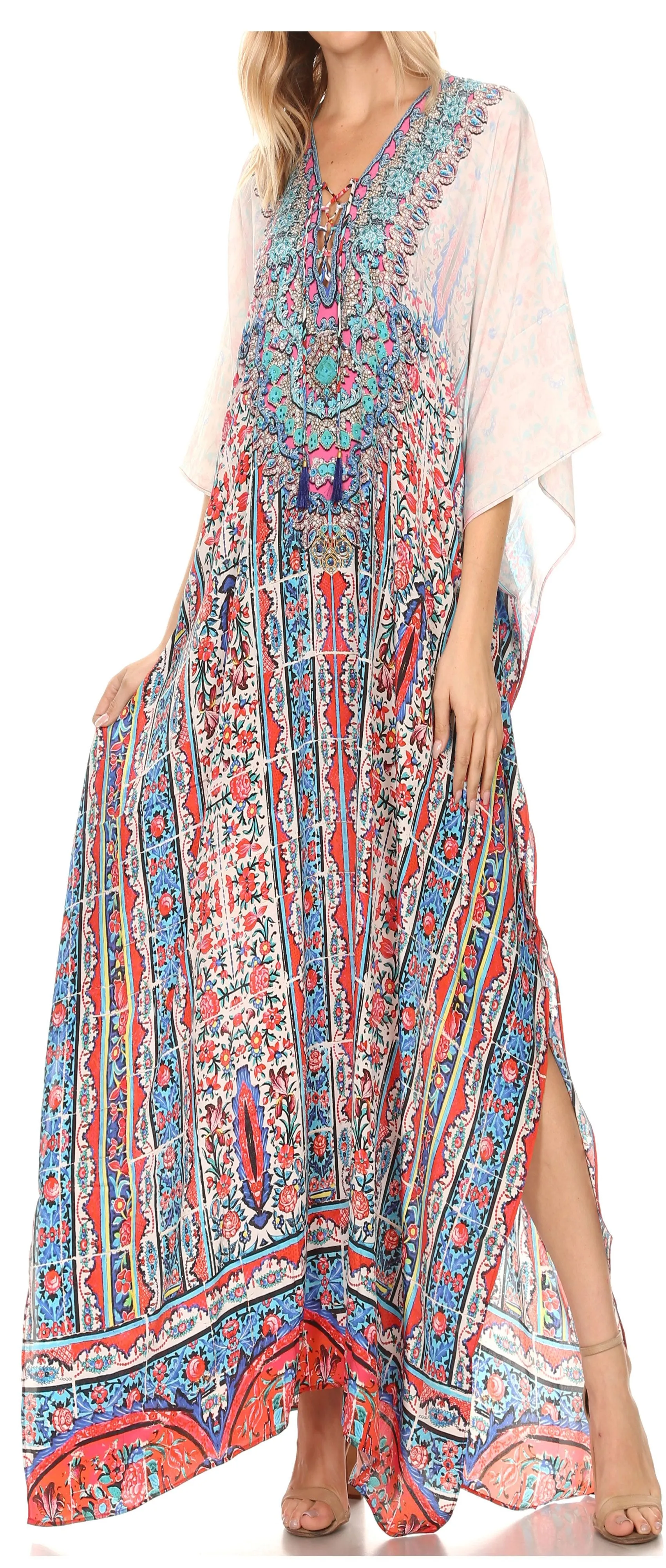 Sakkas Georgettina Flowy Rhinestone V Neck Long Caftan Dress/Cover Up