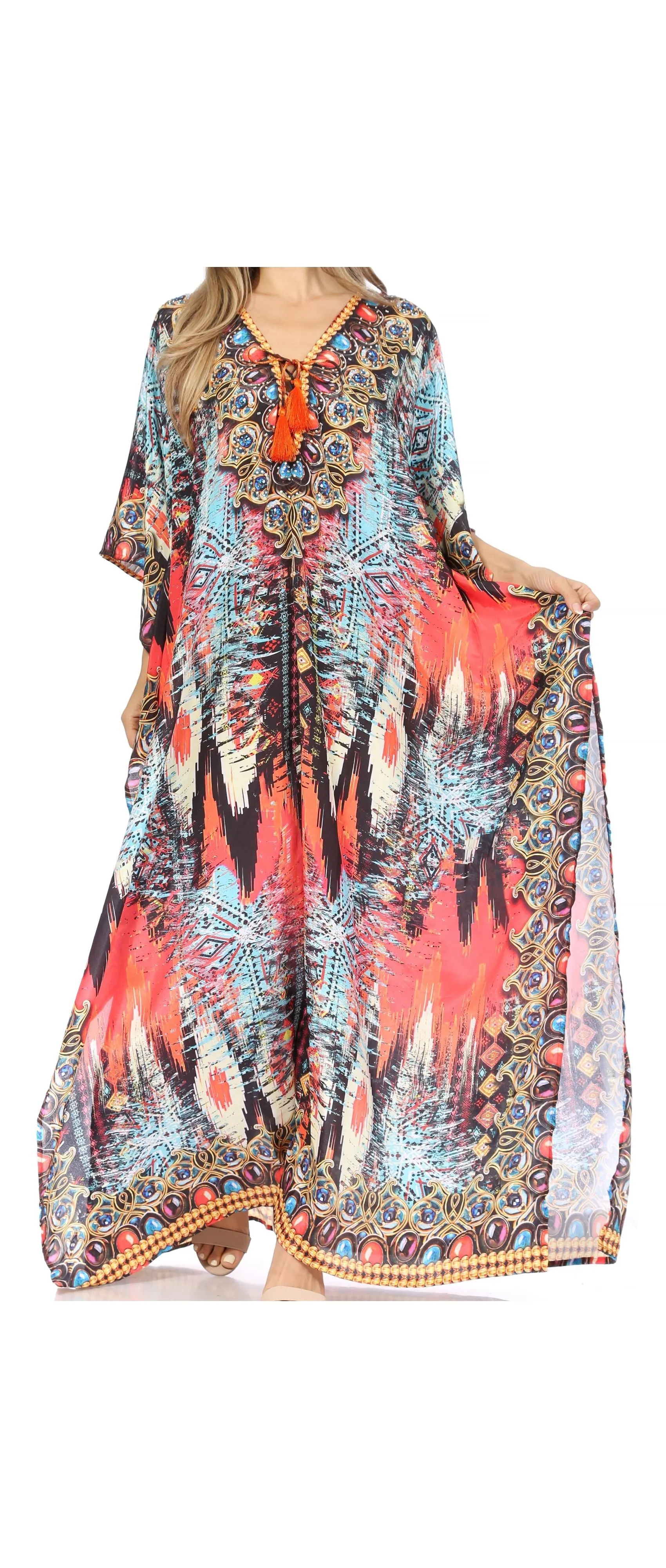 Sakkas Georgettina Flowy Rhinestone V Neck Long Caftan Dress/Cover Up