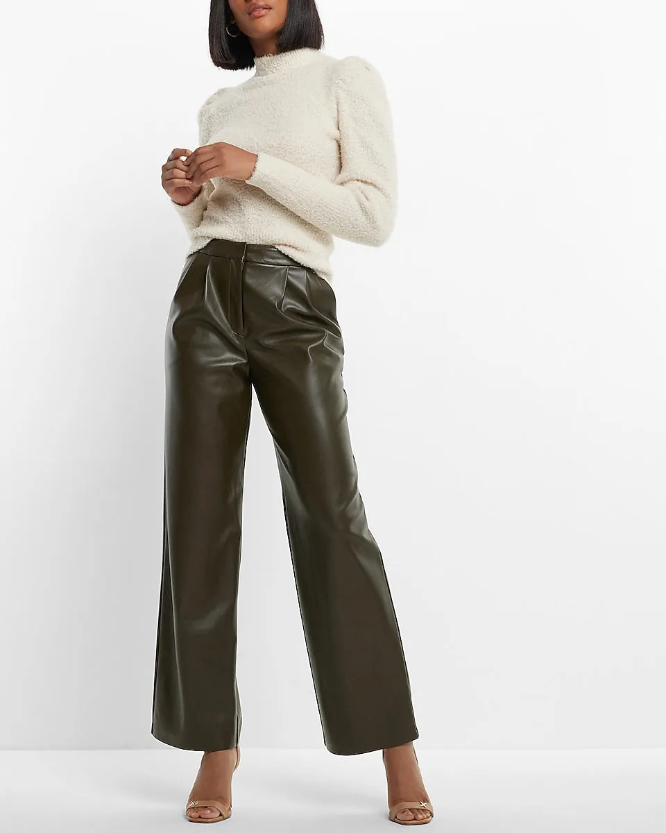 Super High Waisted Faux Leather Pleated Wide Leg Pant in Olive Green