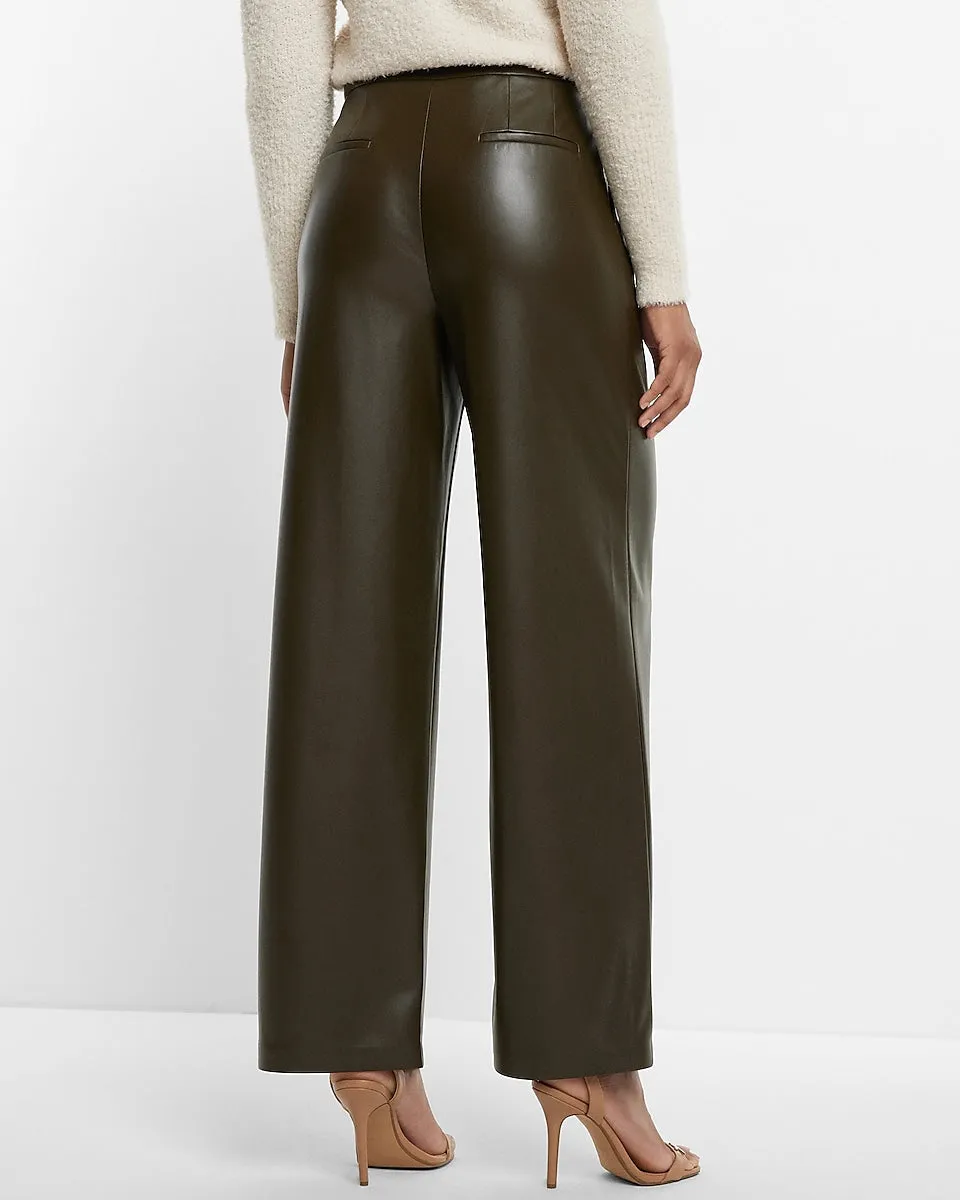 Super High Waisted Faux Leather Pleated Wide Leg Pant in Olive Green