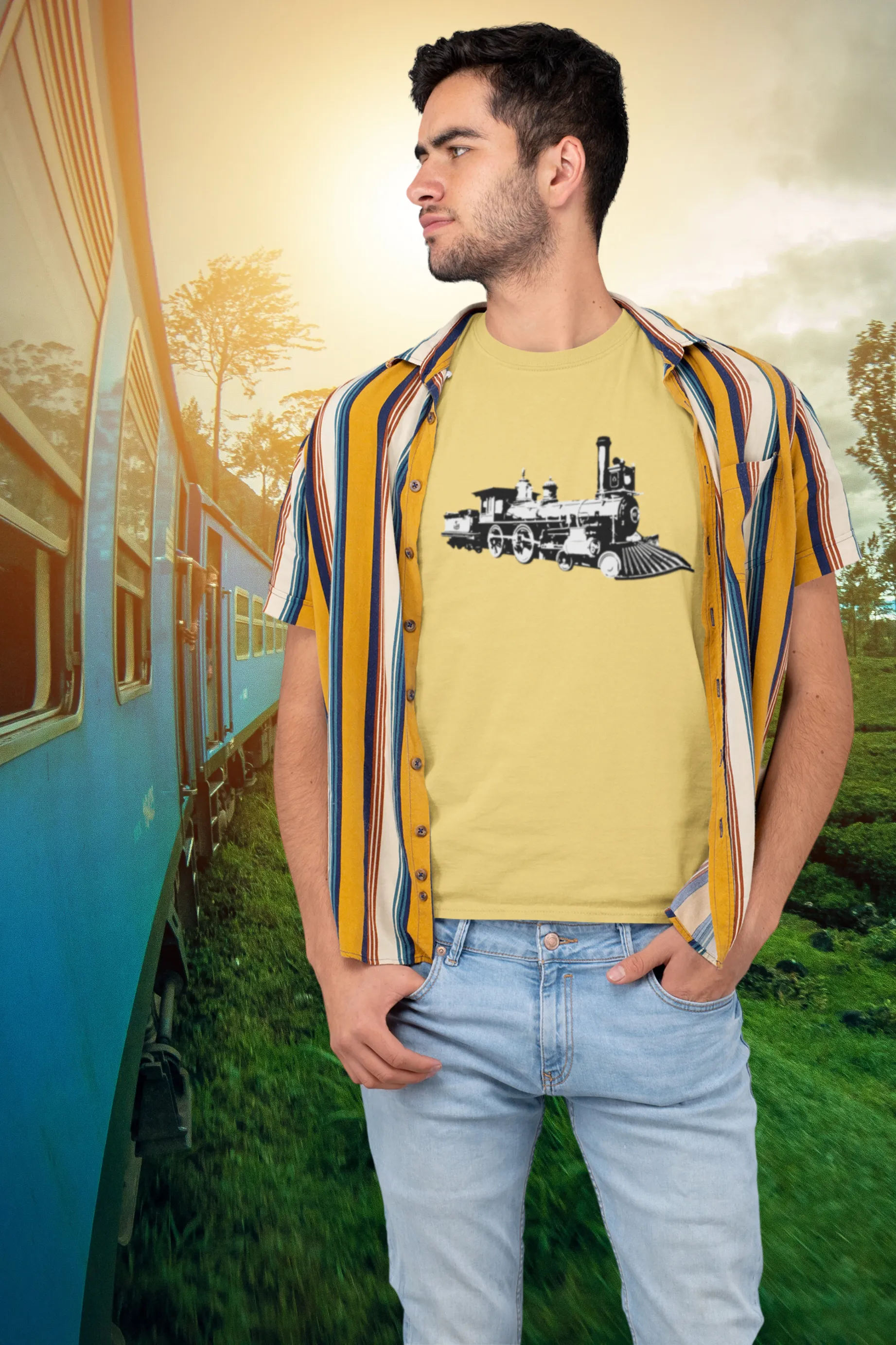 Vintage Locomotive Printed T-shirt for men