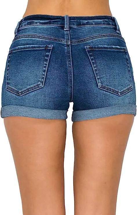 Wax Jean Collection High Waisted Cuffed Distressed Denim Shorts