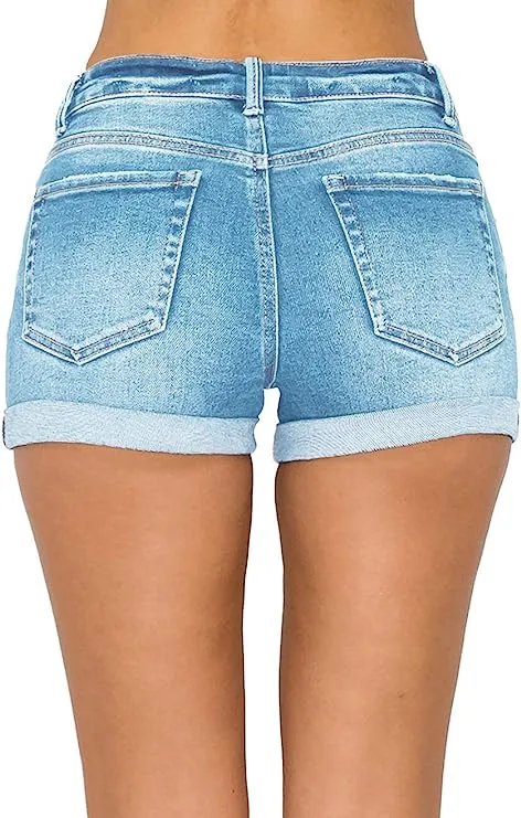 Wax Jean Collection High Waisted Cuffed Distressed Denim Shorts