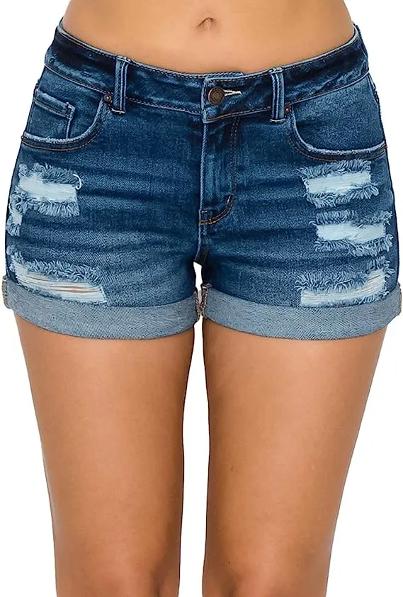 Wax Jean Collection High Waisted Cuffed Distressed Denim Shorts