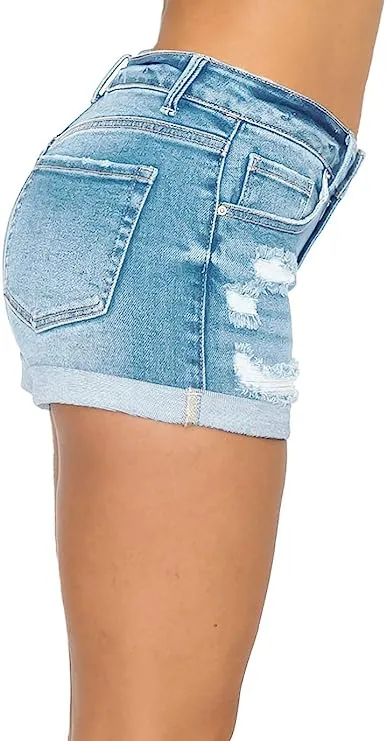 Wax Jean Collection High Waisted Cuffed Distressed Denim Shorts