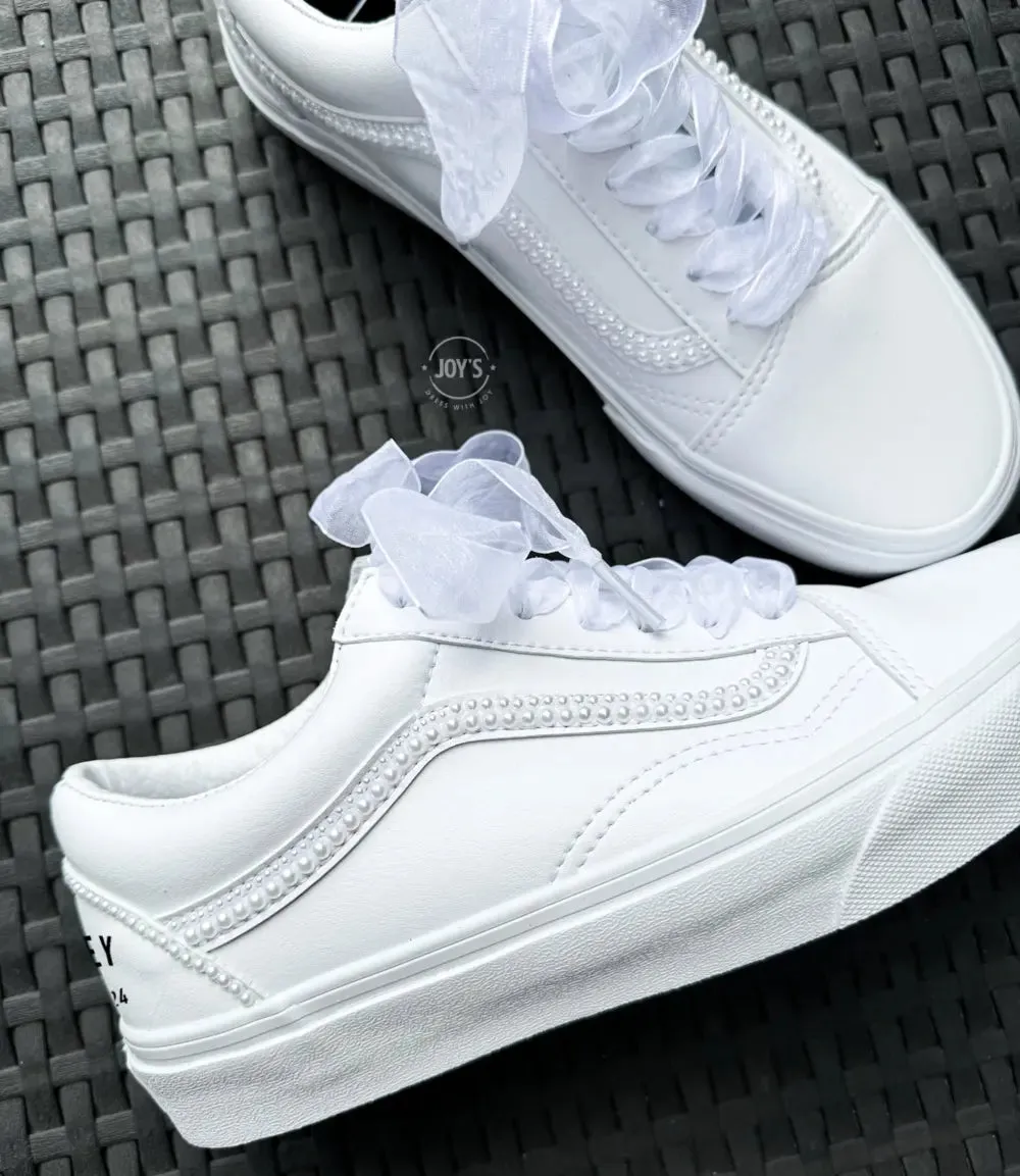 Wedding Sneakers White Pearls Custom Vans