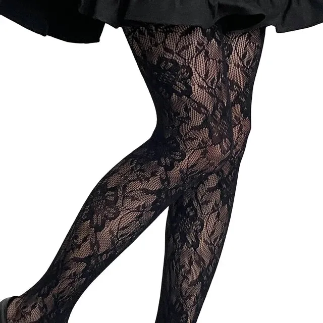 Women Colorful Floral-Patterned Fishnet Tights See-through Lace Tights